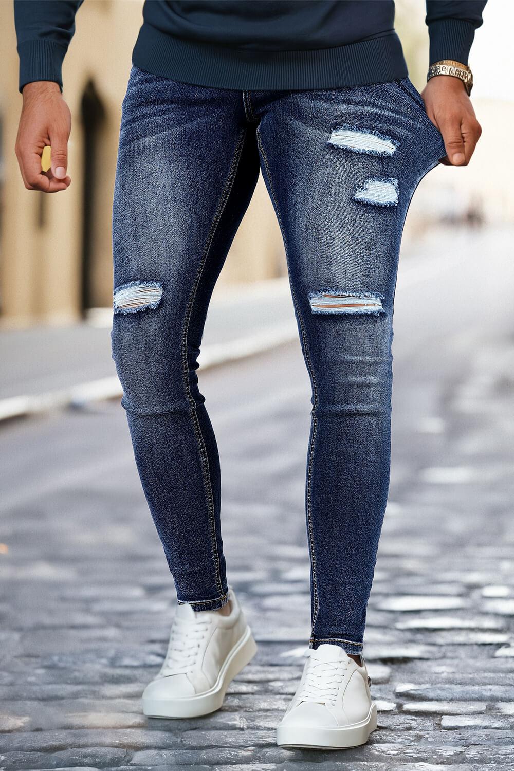 Men Stretch Skinny Jean - Dark Blue & Ripped