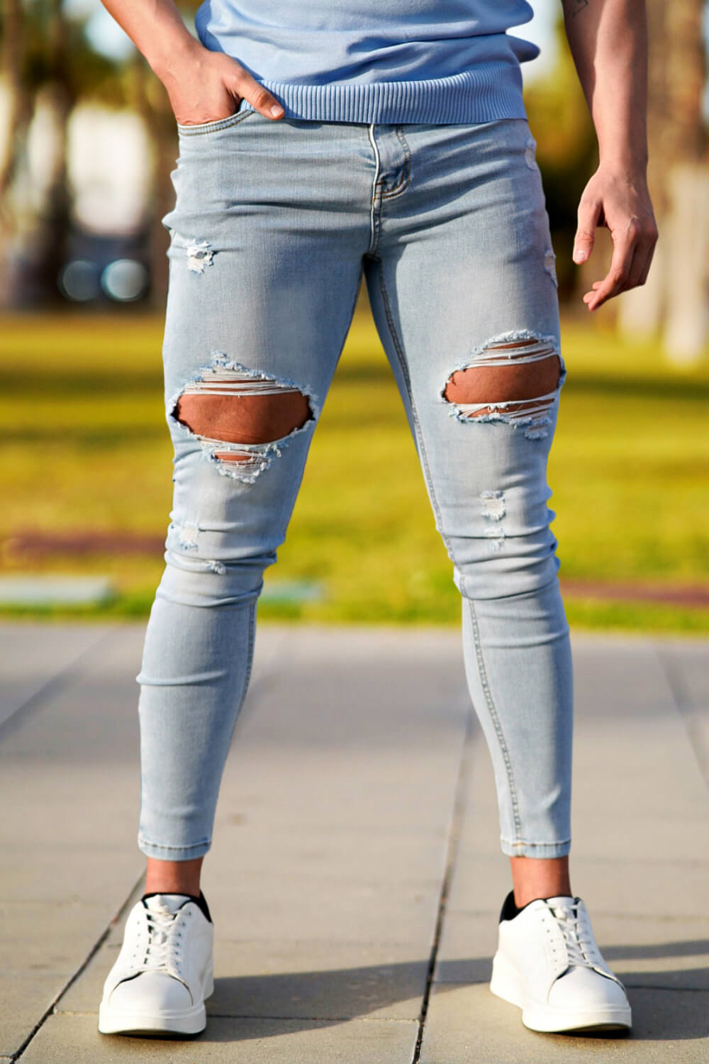 Men Ripped Stretch Skinny Jeans - Light Blue