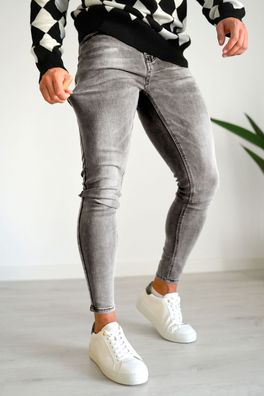 Men's Zipper Skinny Jean -Gray & Washed