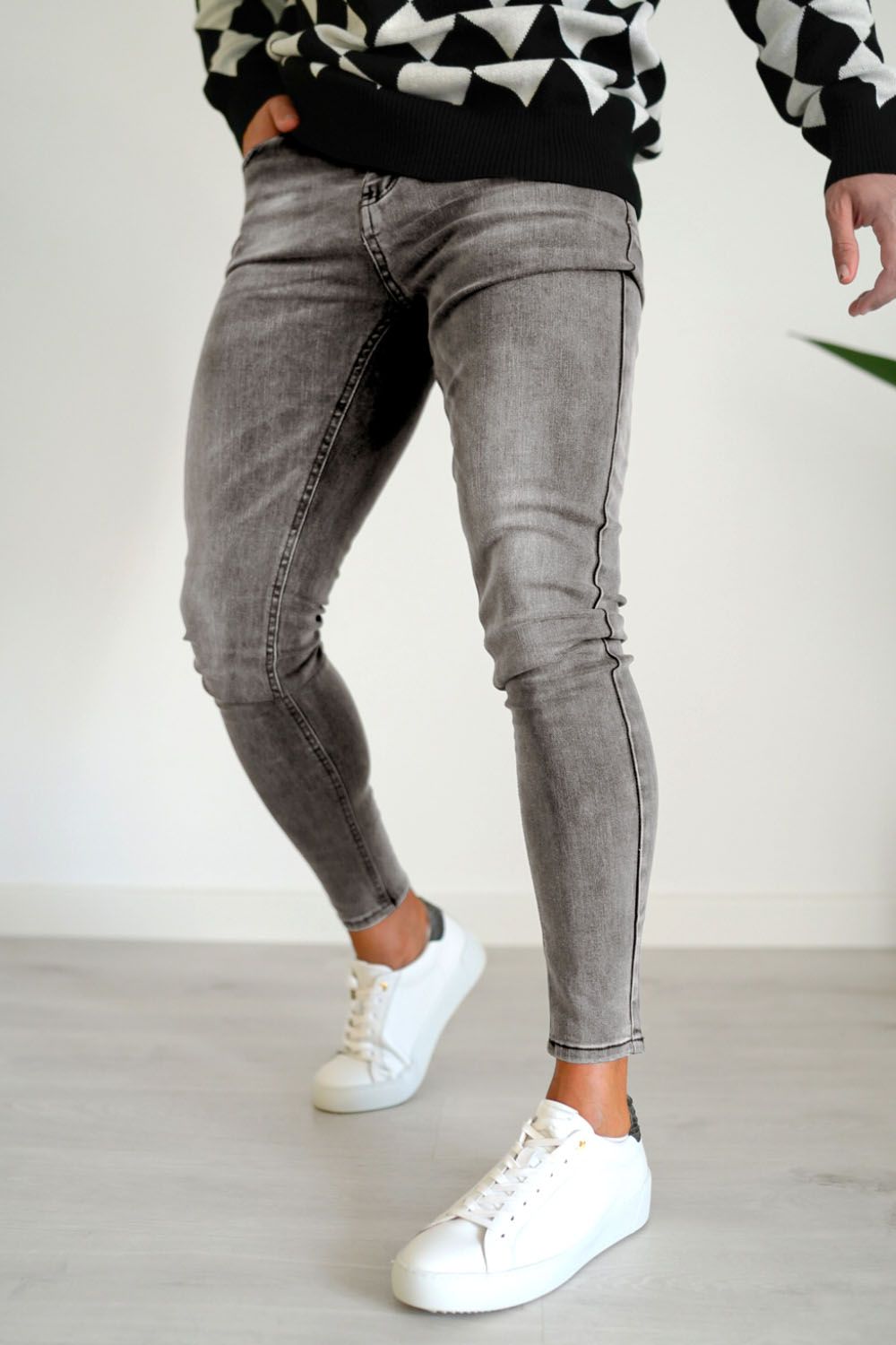 Men's Zipper Skinny Jean -Gray & Washed