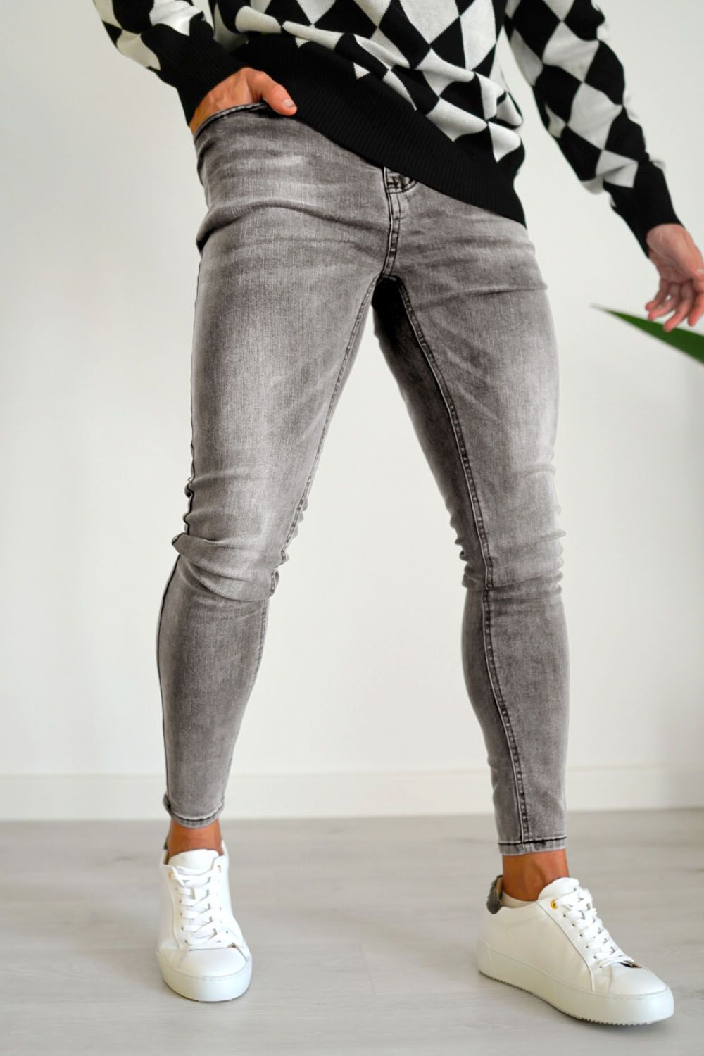 Men's Zipper Skinny Jean -Gray & Washed