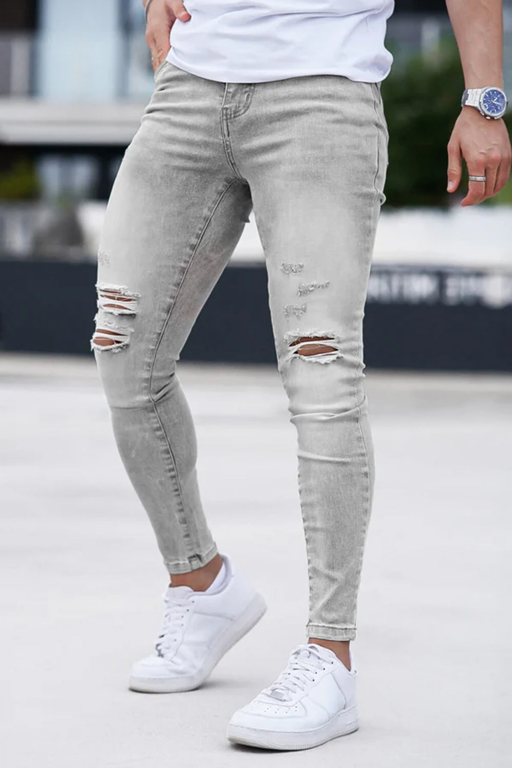 Men‘s Ripped Washed Skinny Marble Grey Jean