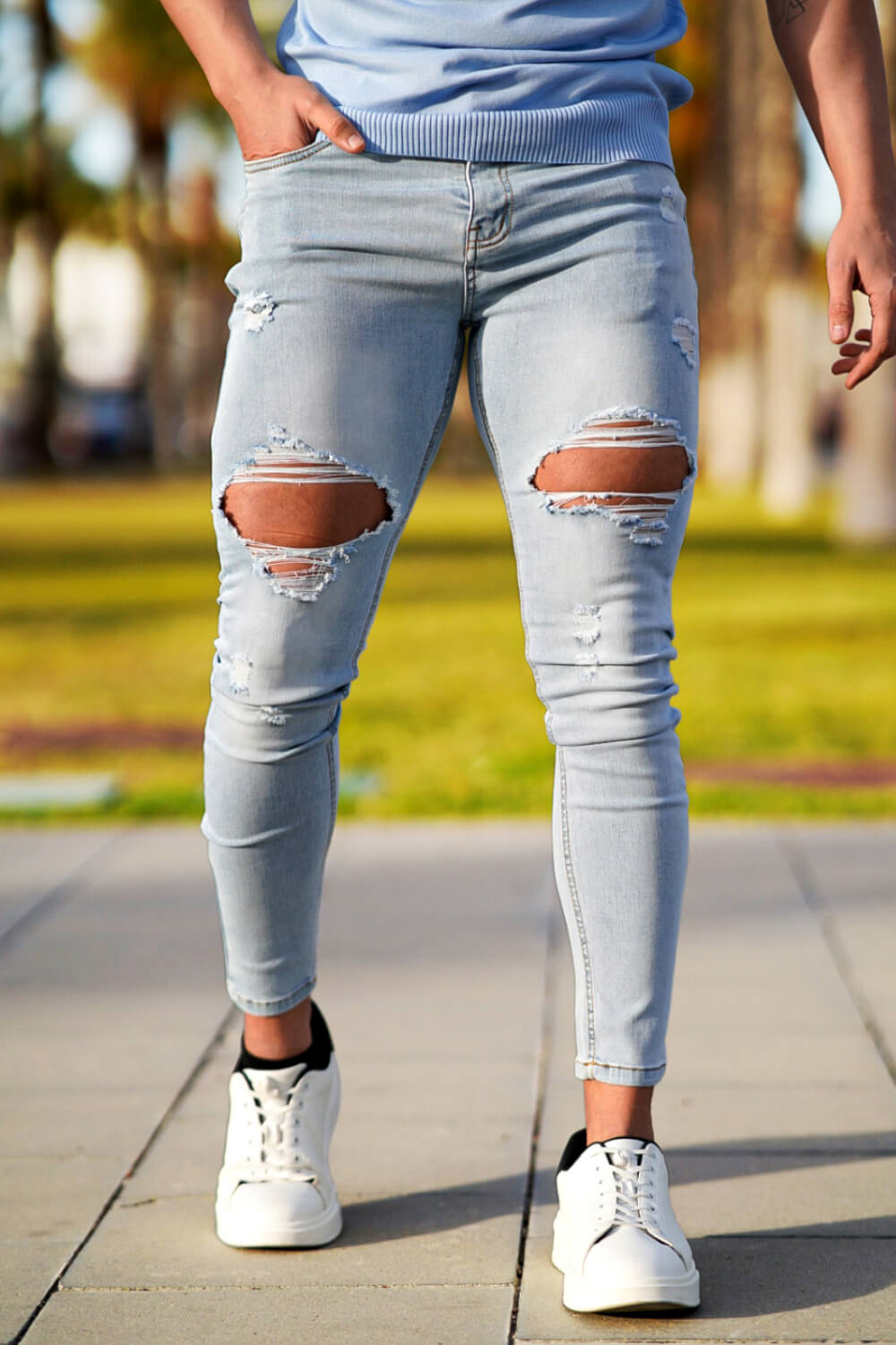 Men Ripped Stretch Skinny Jeans - Light Blue
