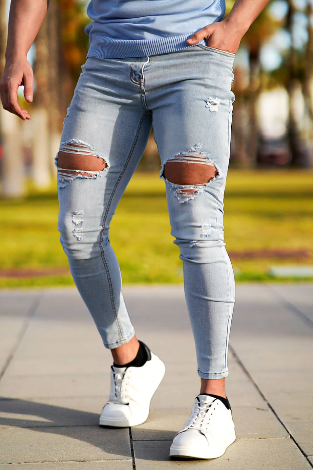 Men Ripped Stretch Skinny Jeans - Light Blue