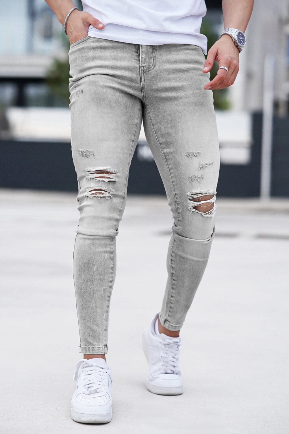 Men‘s Ripped Washed Skinny Marble Grey Jean