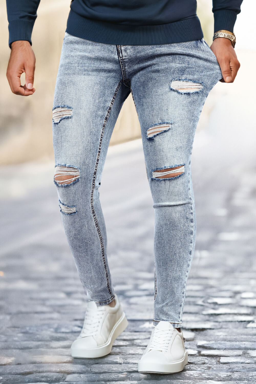Mens Skinny Denim Blue Jeans - Ripped