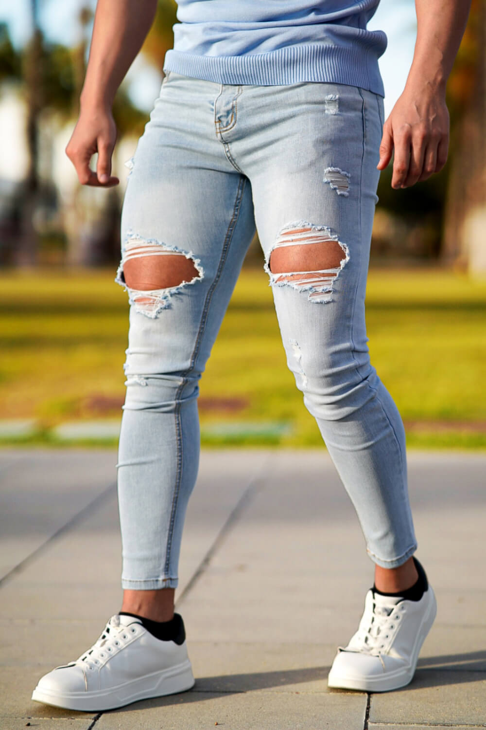 Men Ripped Stretch Skinny Jeans - Light Blue