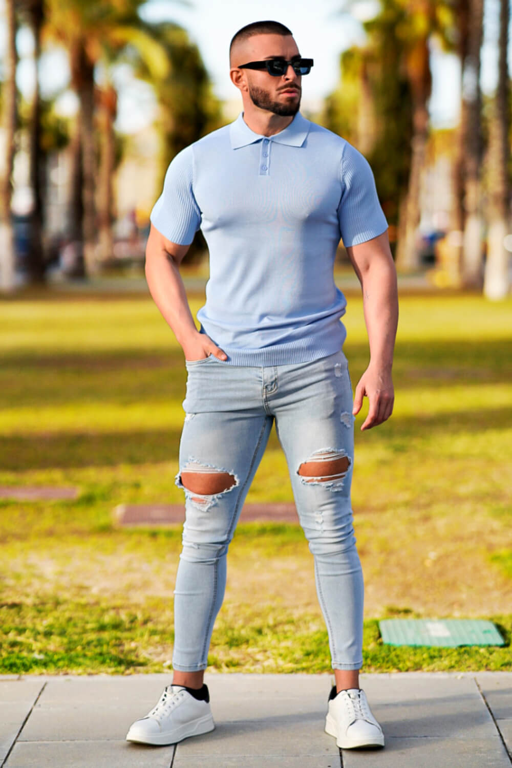 Men Ripped Stretch Skinny Jeans - Light Blue