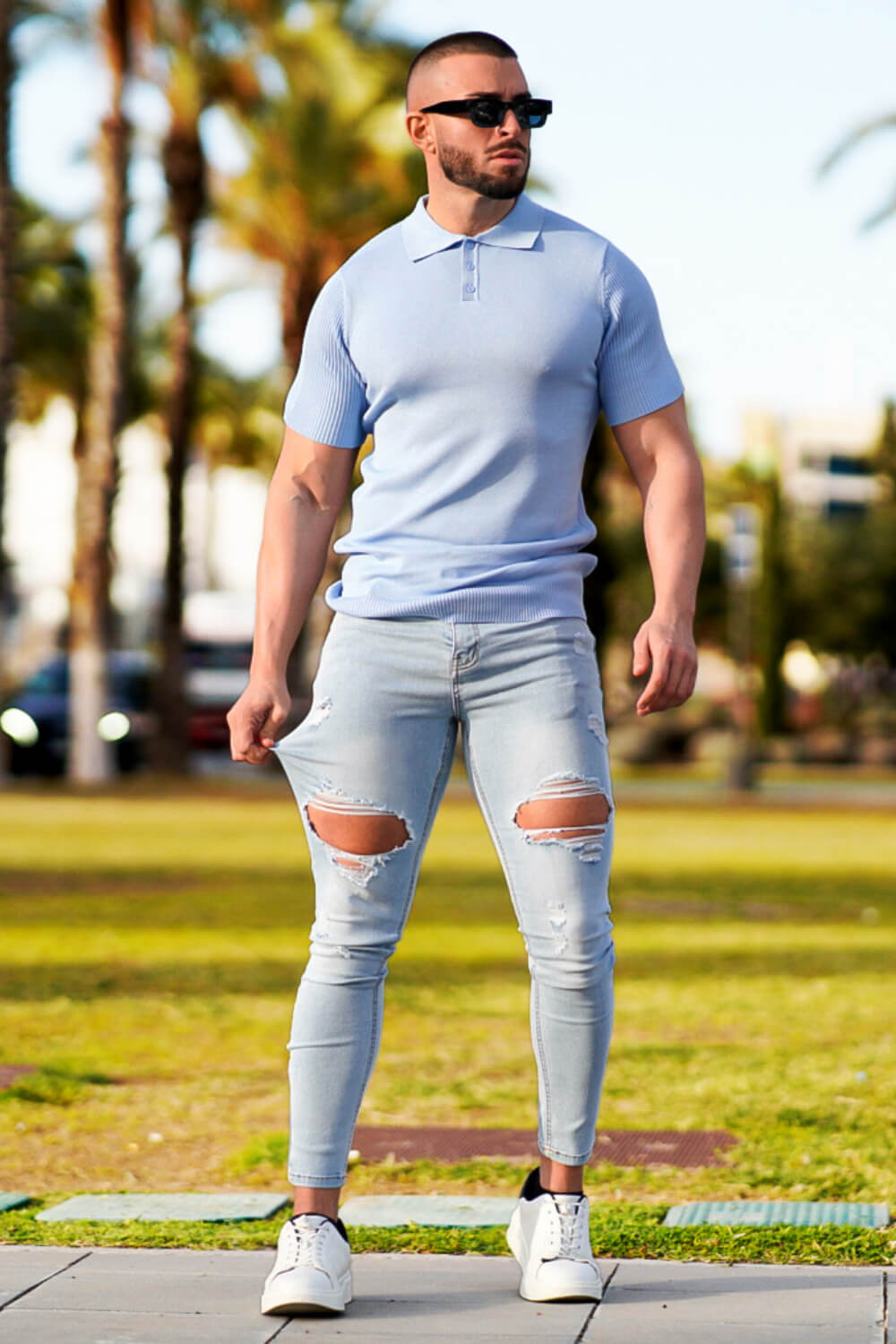 Men Ripped Stretch Skinny Jeans - Light Blue