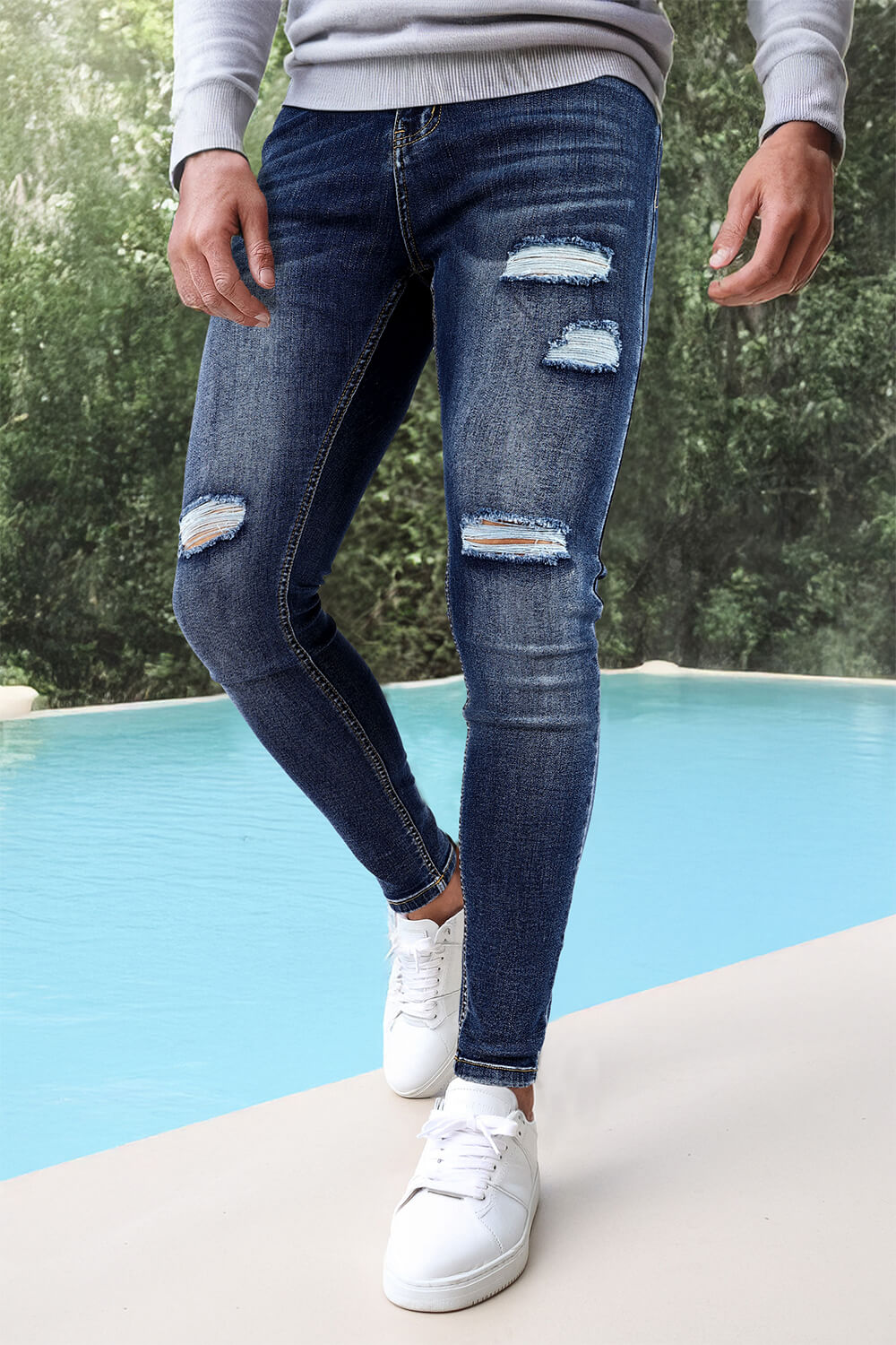 Men Stretch Skinny Jean - Dark Blue & Ripped