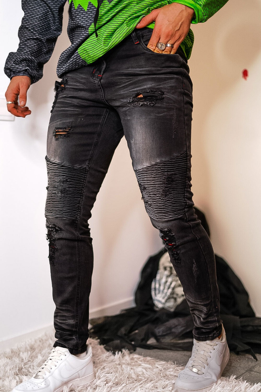Men's Black High Waisted Skinny Jean - Ripped